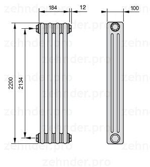Схема (чертеж) Радиатор Zehnder Charleston 3220/4 №1270 Белый глянцевый RAL 9016